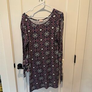 Pixley Ladies Dress. Floral Print, purple/green/blue/white. Large.